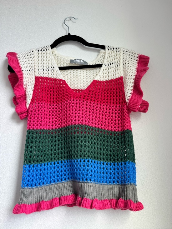 blue b Tops - Striped Crochet Ruffle Sleeve Top - Pink/White/Green/Blue